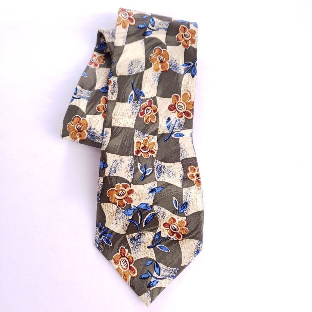 O&A Silk Tie‎ Floral Checkerboard Handmade Made in Italy Luxury Designer Mens